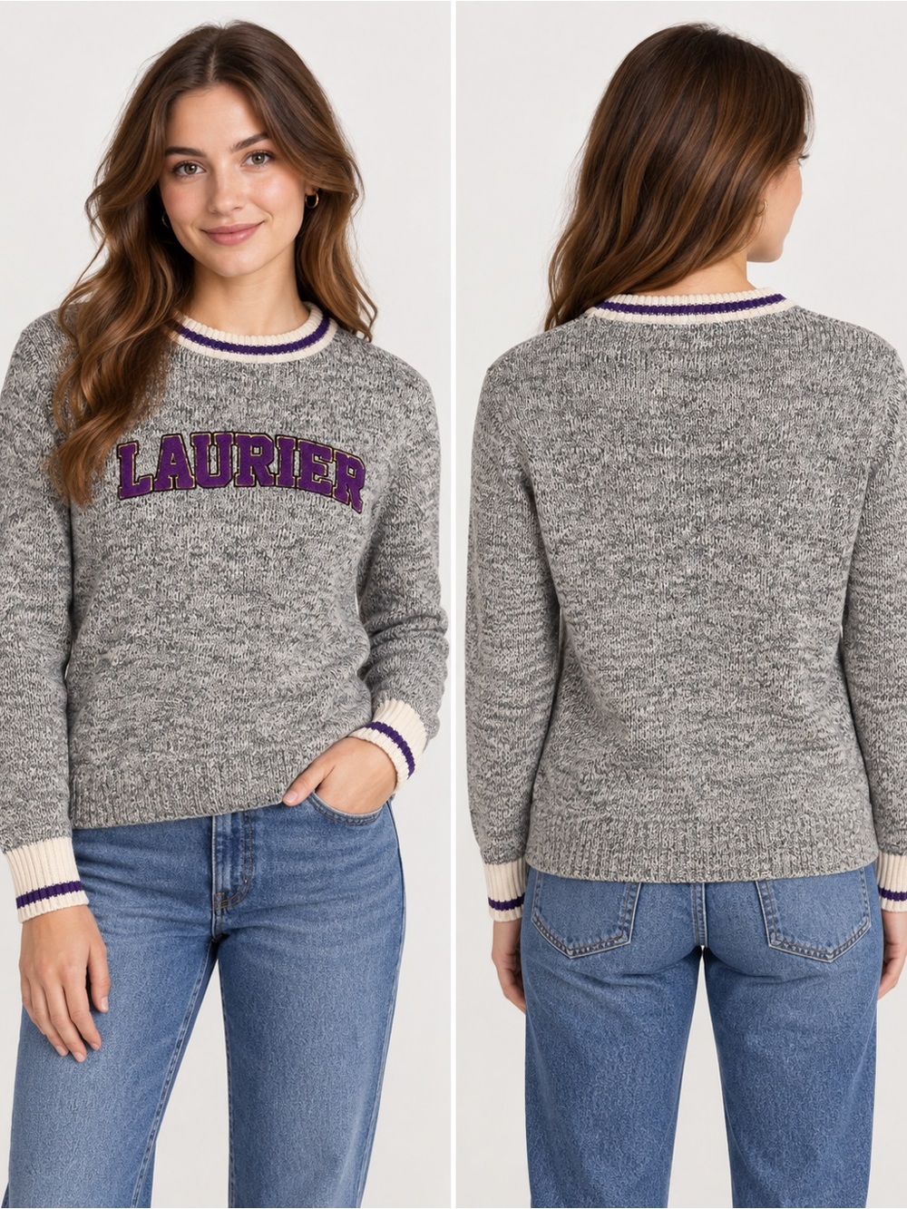 Wilfrid Laurier University Varsity Knit Sweater Grey Purple M